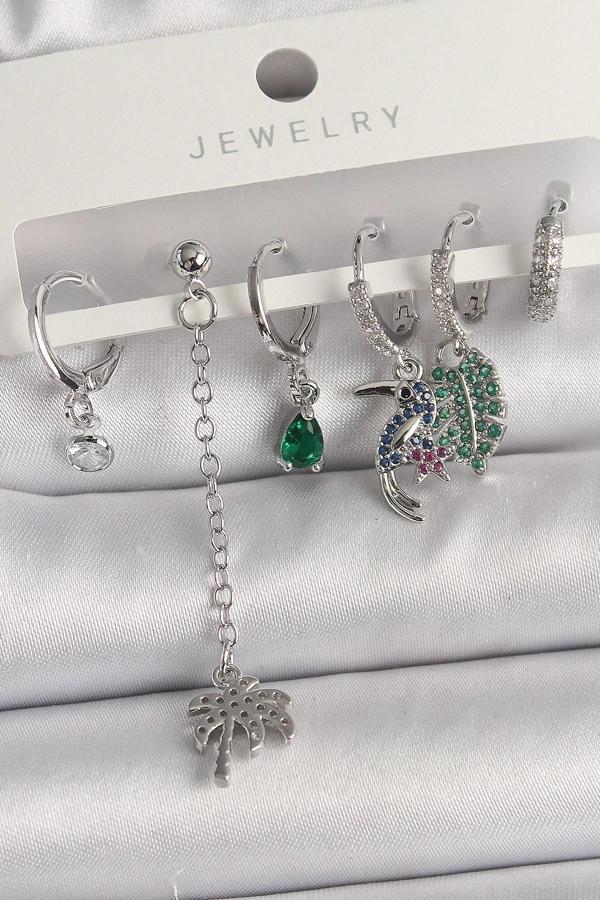 Pirinç Gümüş Renk Sallantı Zirkon Taşlı Ağaç Figür Çoklu Kadın Küpe Seti - Image 1
