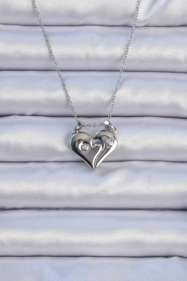 316L Çelik Zincir Gümüş Renk Zirkon Taşlı Mıknatıslı Kalp Kolye - Image 1
