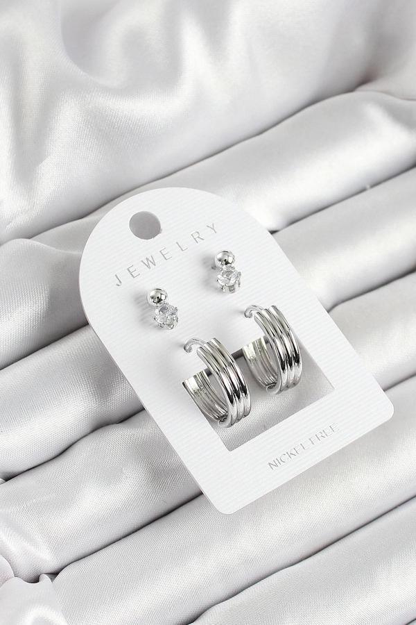 Pirinç Zirkon Taş Ve Halka Figürlü Gümüş Renk 3'lü Çift Kadın Küpe Set - Image 1