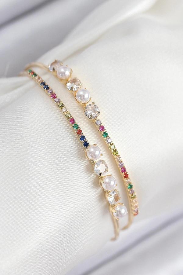 Pirinç Zirkon Taşlı İnci Model Gold Renk Kadın Bileklik - Image 1