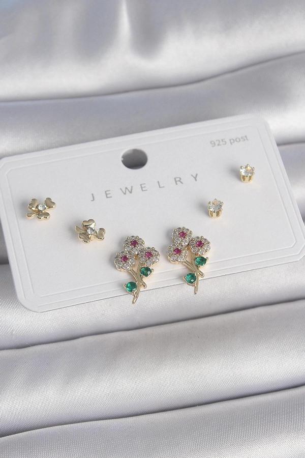 Pirinç Gold Renk Renkli Zirkon Taşlı Çiçek Model Yaprak Detay 925 Ayar Gümüş Çivi Kadın Küpe Seti - Image 1