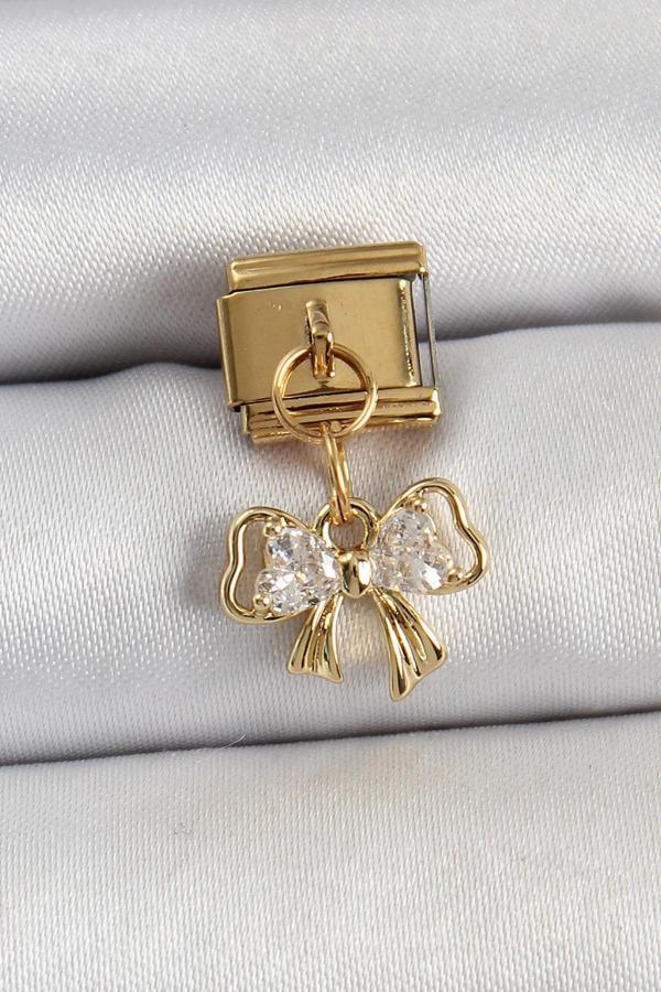 316L Çelik Sallantılı Zirkon Taşlı Fiyonk Model Gold Renk Nomination Charm - Image 1