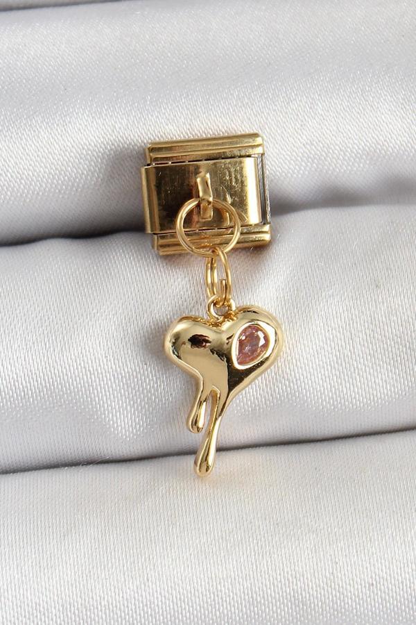 316L Çelik Sallantılı Zirkon Taşlı Eriyen Kalp Model Gold Renk Nomination Charm - Image 1