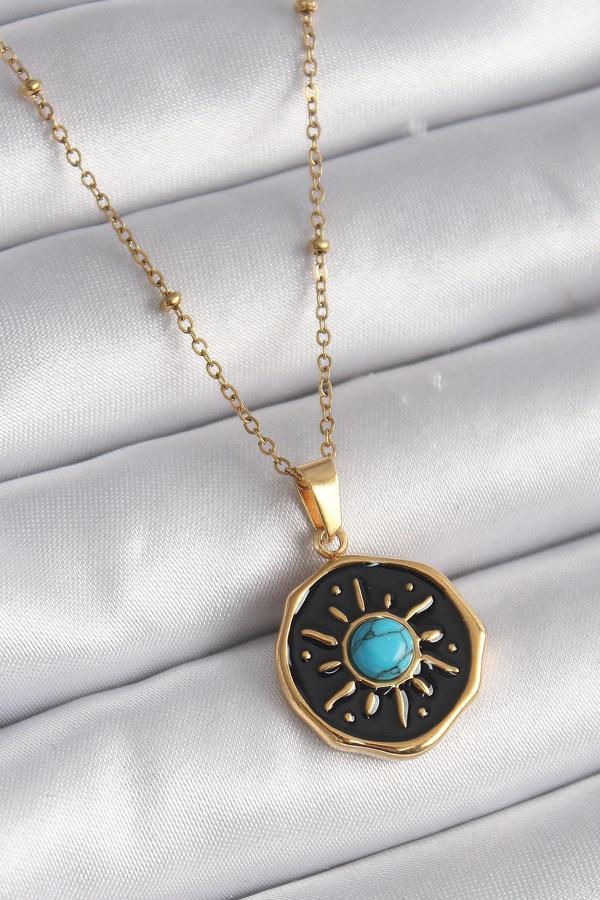 316L Çelik Gold Renk Mavi Boncuk Güneş İşleme Madalyon Model Kadın Kolye - Image 1