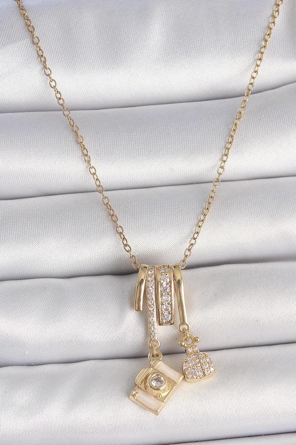 316L Çelik Gold Renk Zirkon Taşlı Sallantı Fotoğraf Makinası Figür Charm Kadın Kolye - Image 1