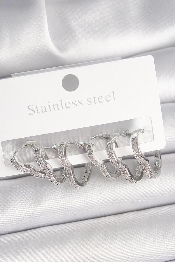 Pirinç Gümüş Renk Zirkon Taşlı 3 Çift Kalp Model Kadın Küpe - Image 1