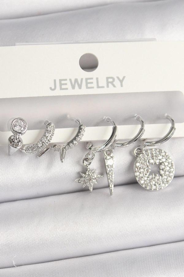 Pirinç Gümüş Renk Zirkon Taşlı Çoklu Figür Kadın Küpe Seti - Image 1