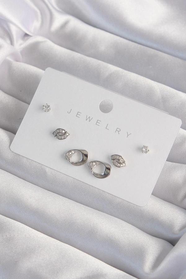 Pirinç Gümüş Renk Zirkon Taşlı Yaprak Model Küpe Seti - Image 1