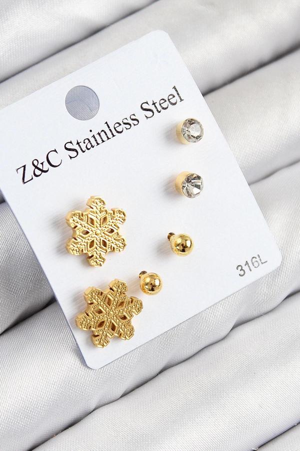 316L Çelik Zirkon Taşlı Kar Tanesi Model Gold Renk Kadın Set Küpe - Image 1