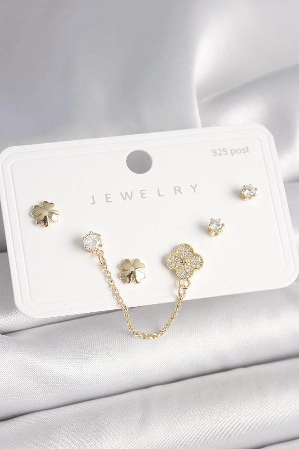 925 Ayar Gümüş Çivi Pirinç Gold Renk Zirkon Taşlı Yonca Model Sallantı Zincir Detay Kadın Küpe Seti - Image 1