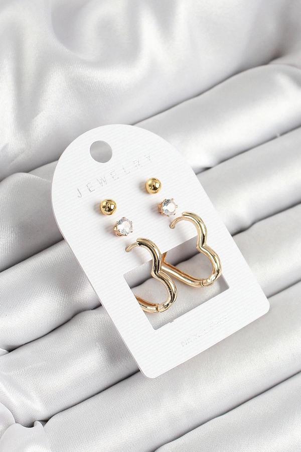 Pirinç Zirkon Taş Ve Kalp Figürlü Gold Renk 3'lü Çift Kadın Küpe Set - Image 1