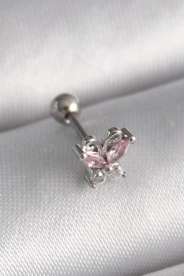 316L Çelik Gümüş Renk Pembe Zirkon Taşlı Kelebek Tragus Piercing - Image 1