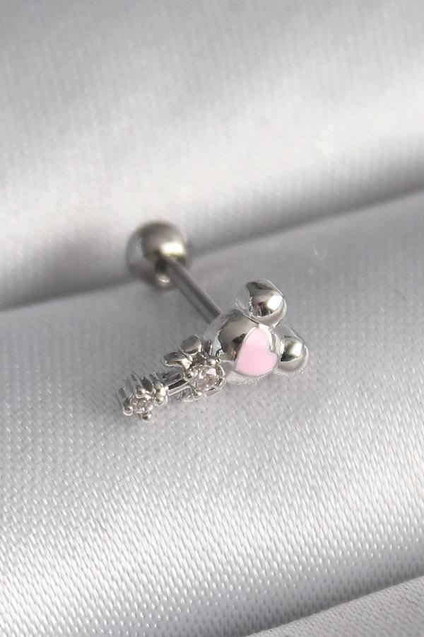 316L Çelik Gümüş Renk Zirkon Taş Detay Pembe Kalp İşleme Tragus Piercing - Image 1
