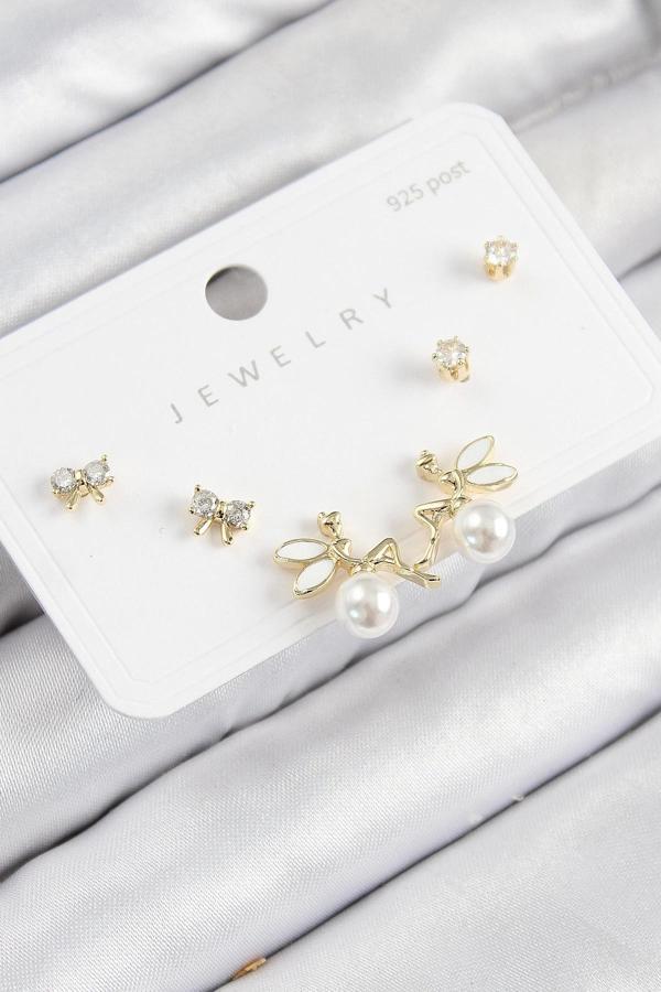 Pirinç Zirkon Taşlı İnci Melek Model Gold Renk 925 Ayar Gümüş Çivi Kadın Küpe Set - Image 1