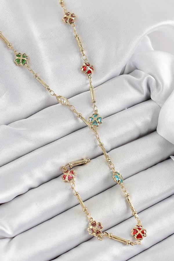 Pirinç Asorti Kalpli Yonca Model Gold Renk Zirkon Taşlı Y Kolye - Image 1