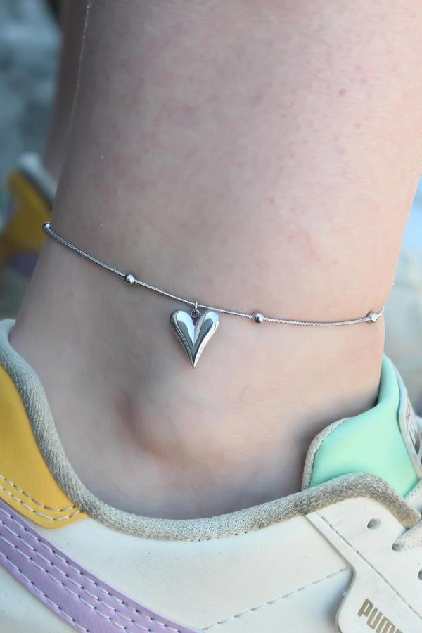 316L Çelik Gümüş Renk Kalp Figür Kadın Halhal - Image 1