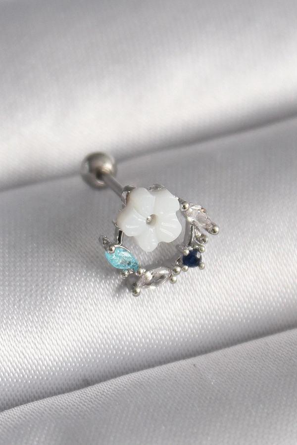316L Çelik Gümüş Renk Zirkon Taş Detay Beyaz Çiçek Model Tragus Piercing - Image 1