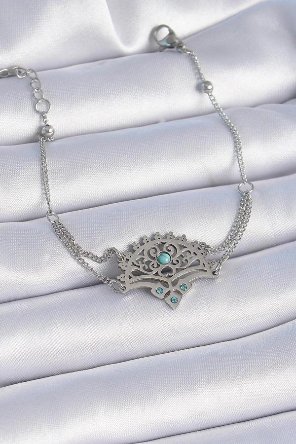 316L Çelik Gümüş Renk Mavi Taşlı Etnik Desen Kadın Bileklik - Image 1