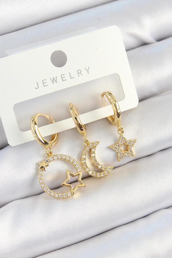 Pirinç Zirkon Taşlı Yıldız Ve Ay Model Gold Renk 3'lü Kadın Küpe Set - Image 1