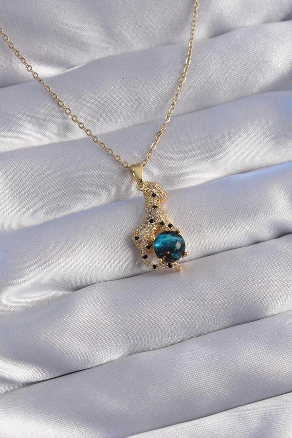 316L Çelik Zincir Gold Renk Zirkon Taşlı Panter Figürlü Gezegen Kolye - Image 1