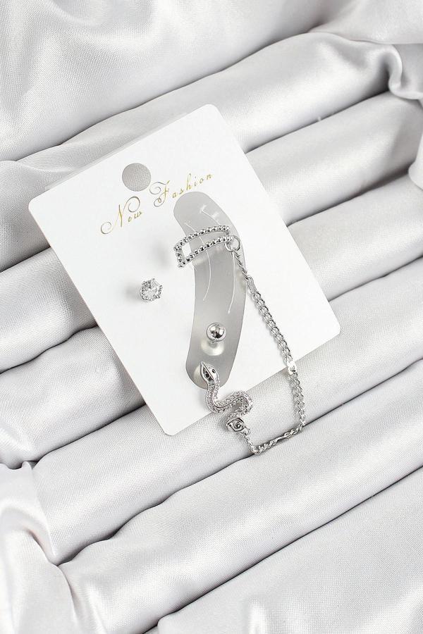 Pirinç Yılan Figürlü Zirkon Taşlı Gümüş Renk 3'lü Kıkırdak Kadın Küpe Set - Image 1