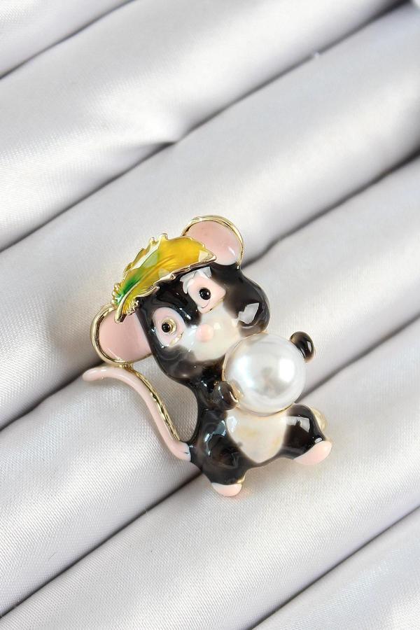 İnci Detaylı Siyah Ve Pembe 3D Sevimli Fare Figürlü Gold Renk Kadın Broş - Image 1