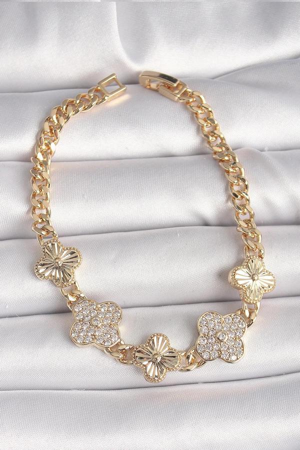 Pirinç Gold Renk Zirkon Taşlı Yonca Model Kadın Bileklik - Image 1