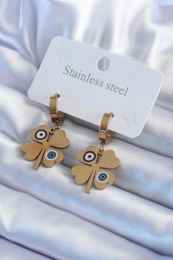 316L Çelik Gold Renk Yonca Model Nazar Boncuk Detay Kadın Küpe - Image 1