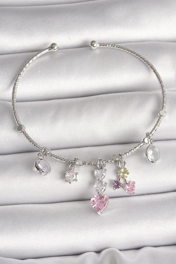 Pirinç Gümüş Renk Sallantı Zirkon Taşlı Kalp Figür Charm Kadın Bileklik - Image 1