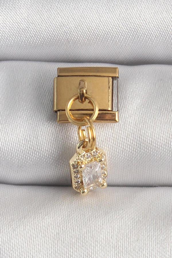 316L Çelik Gold Renk Sallantı Zirkon Taşlı Kare Model Nomination Charm - Image 1
