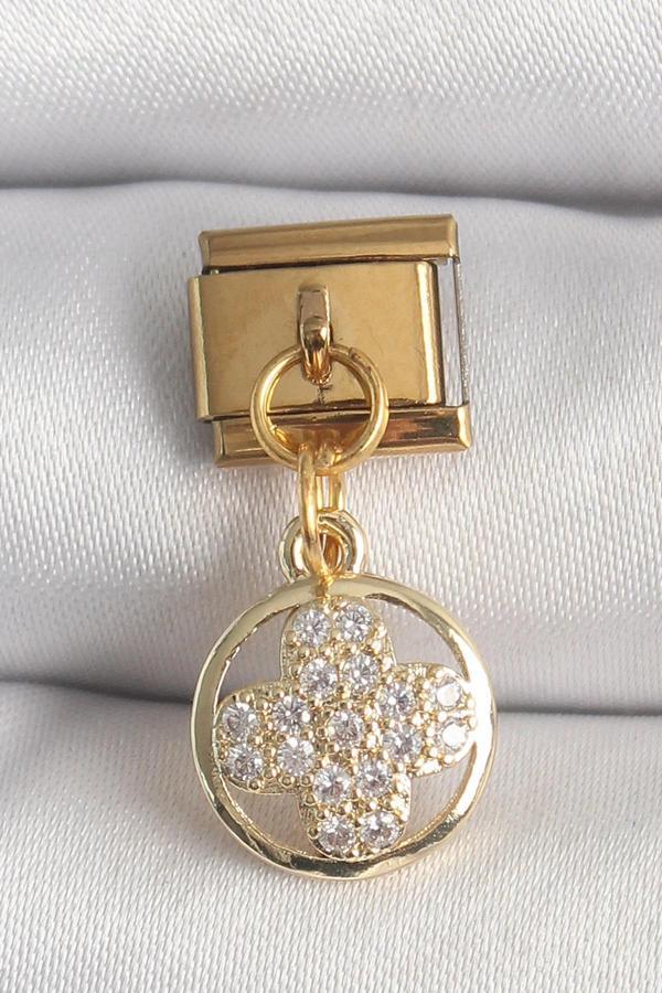 316L Çelik Gold Renk Sallantı Zirkon Taşlı Yonca Model Nomination Charm - Image 1