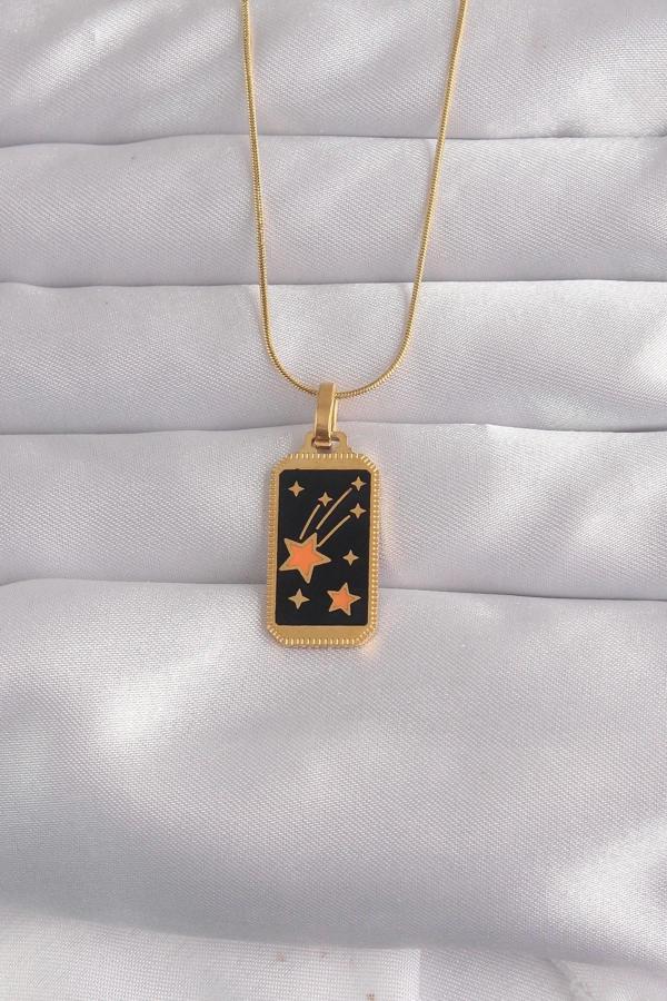 316L Çelik Gold Renk Siyah Mineli Yıldız Figür Tarot Kolye - Image 1