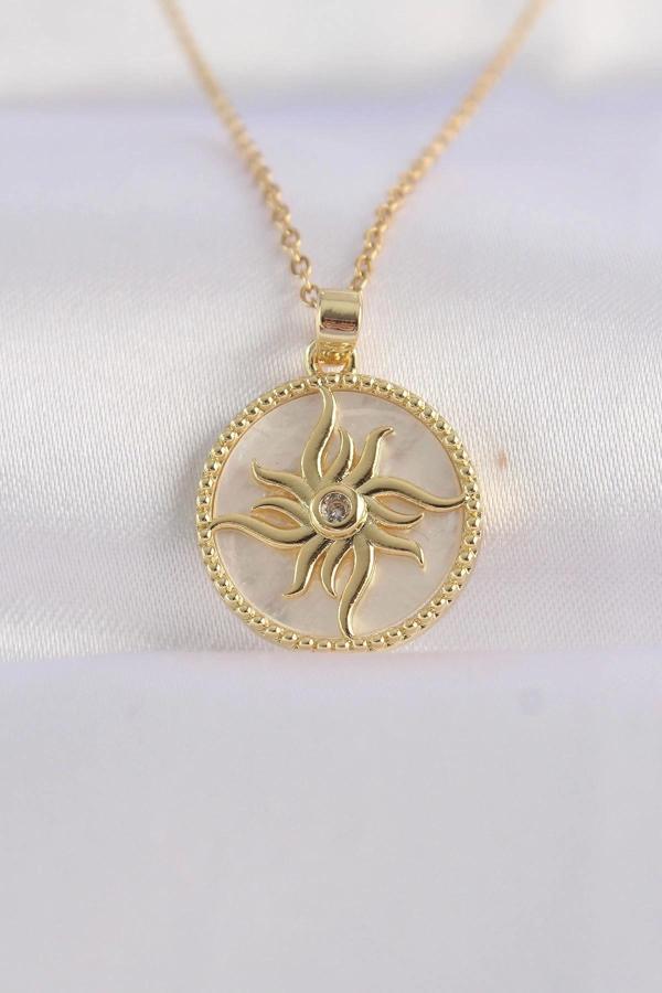 316L Çelik Zincir Altın Renk Zirkon Taşlı Oval Tasarım Güneş Kolye - Image 1