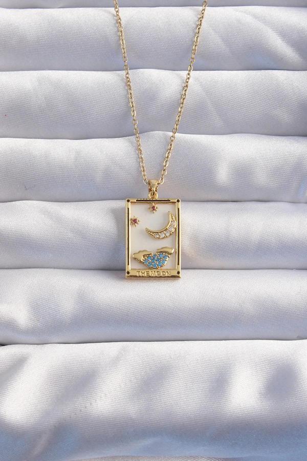 316L Çelik Zincir Gold Renk Ay Detay Mavi Zirkon Taşlı Tarot Kolye - Image 1