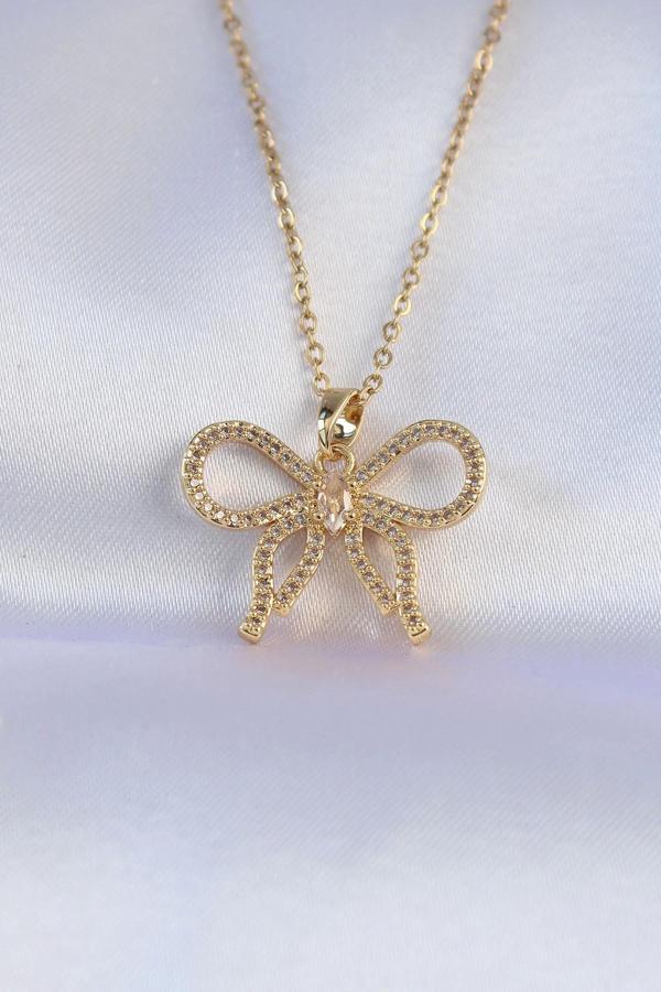 316L Çelik Zincir Gold Renk Zirkon Taşlı Fiyonk Kolye - Image 1