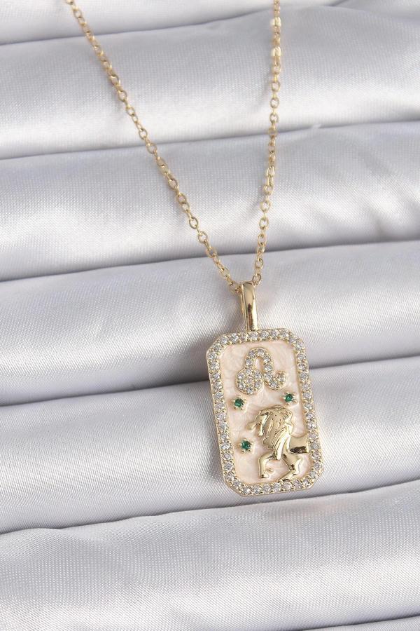 316L Çelik Gold Renk Zincir Aslan Burcu Zirkon Taşlı Kadın Kolye - Image 1