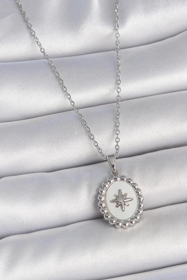 316L Çelik Gümüş Renk Zincir Beyaz Mineli Kutup Yıldız İşlemeli Madalyon Model Kadın Kolye - Image 1
