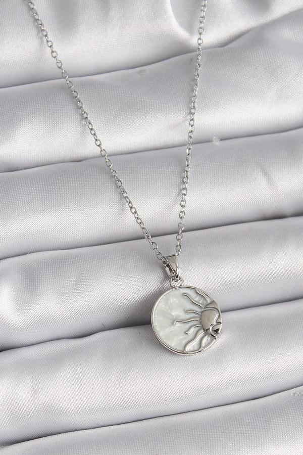 316L Çelik Gümüş Renk Zincir Beyaz Sedefli Gün Batımı Model Kadın Kolye - Image 1