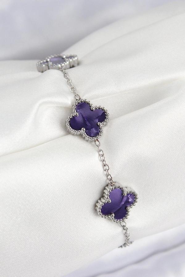 316L Çelik Sedefli Mor Gümüş Renk Yonca Kadın Bileklik - Image 1