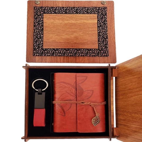 Ahşap Kutulu Kahve Deri Defter Ve Anahtarlık Set - Image 1