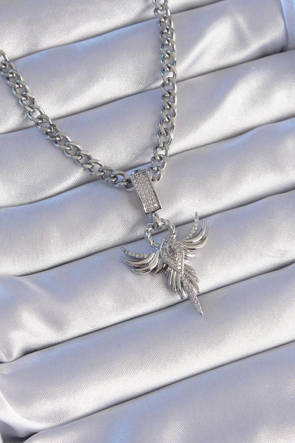 316L Çelik Gümüş Renk Zirkon Taşlı Anka Kuşu Model Kolye - Image 1