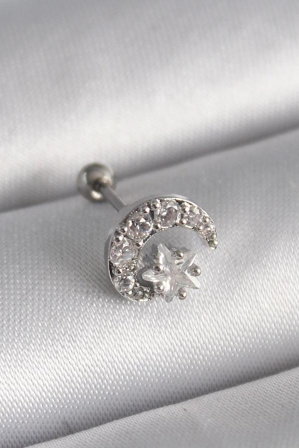 316L Çelik Gümüş Renk Zirkon Taşlı Ay Yıldız Tragus Piercing - Image 1