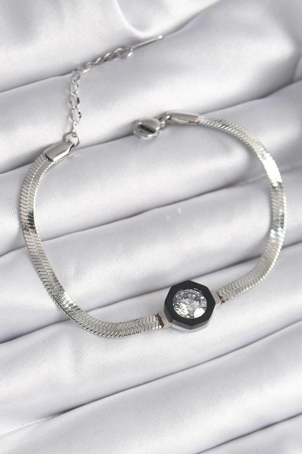 316L Çelik Gümüş Renk Zirkon Taşlı İtalyan Zincir Model Kadın Bileklik - Image 1