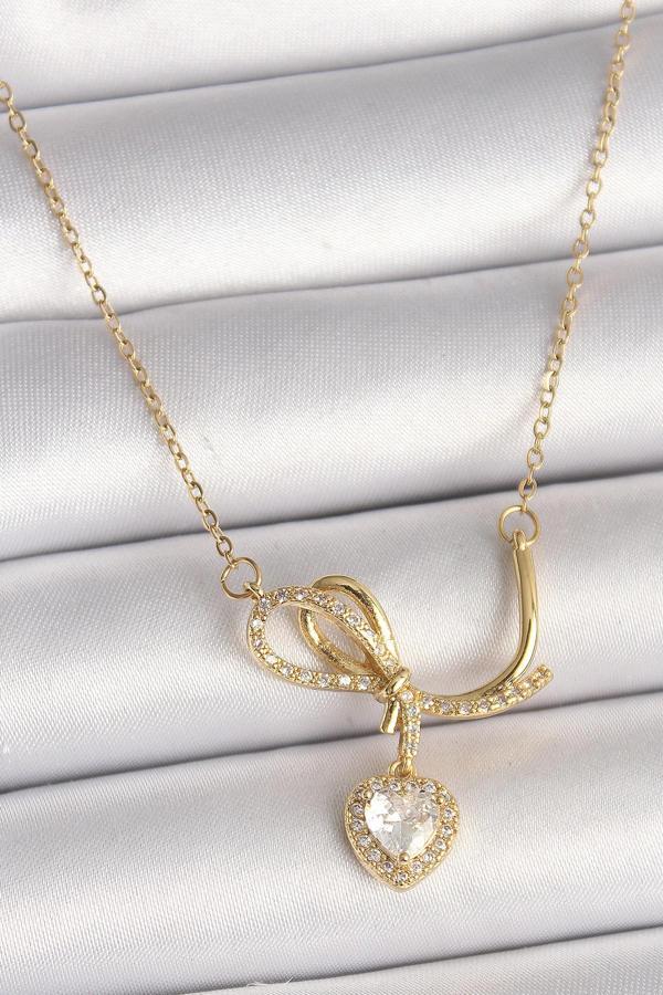 316L Çelik Gold Renk Zincir Zirkon Taşlı Düğüm Sallantı Kalp Model Kadın Kolye - Image 1