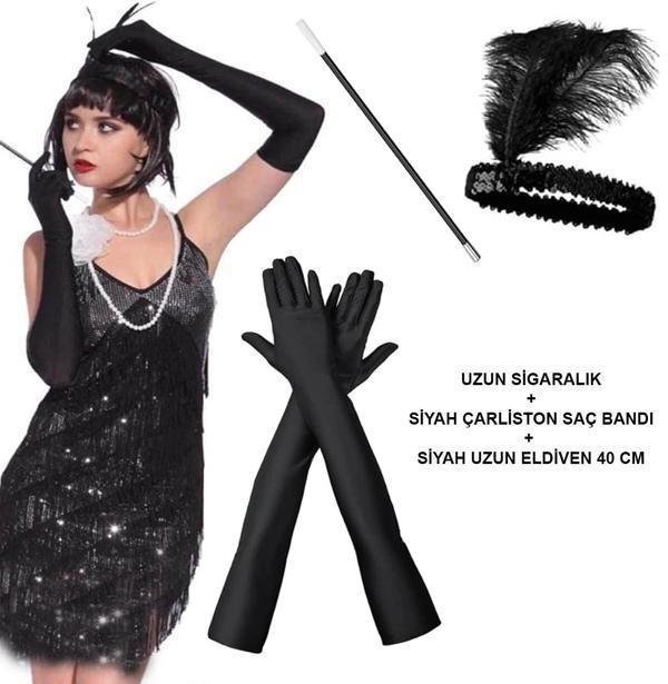 192039ler Gatsby Aksesuar Seti – Siyah Charleston Saç Bandı, Uzun Eldiven  Lık - Image 1