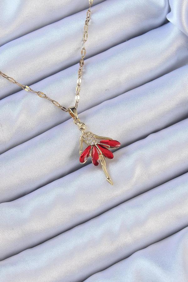 316L Çelik Zincir Altın Renk Kırmızı Etekli Zirkon Taşlı Balerin Kolye - Image 1