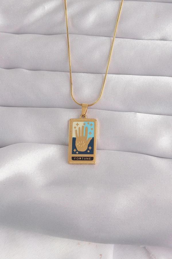 316L Çelik Gold Renk Karışık Mineli El Figür Tarot Kolye - Image 1