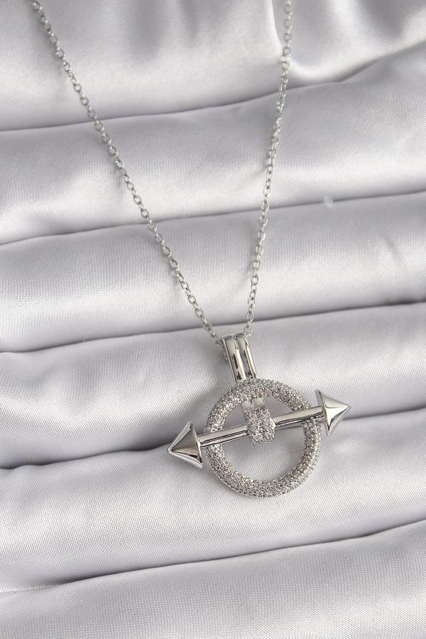 316L Çelik Gümüş Renk Zincir Zirkon Taşlı Halka Model Kadın Kolye - Image 1