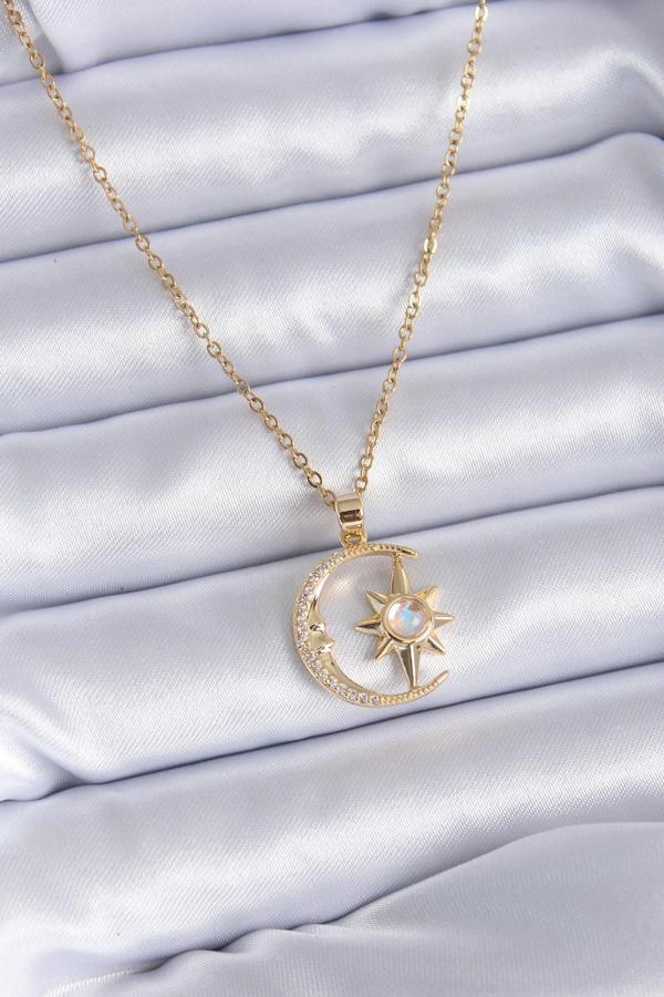 316L Çelik Gold Renk Zirkon Taşlı Ay Yıldız Model Kadın Kolye - Image 1