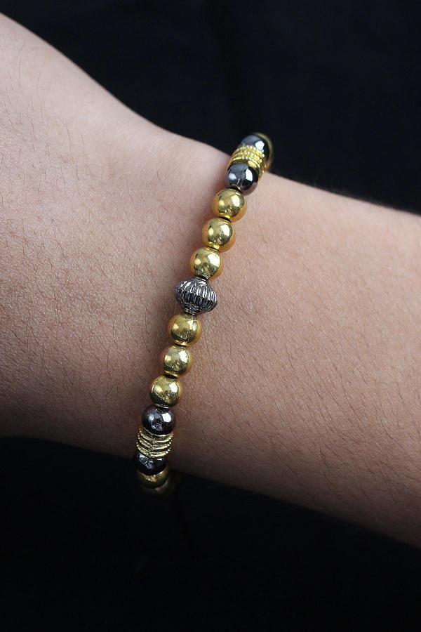 Doğal Taş Çember Model Gold Ve Füme Renk Asansörlü Erkek Bileklik - Image 1